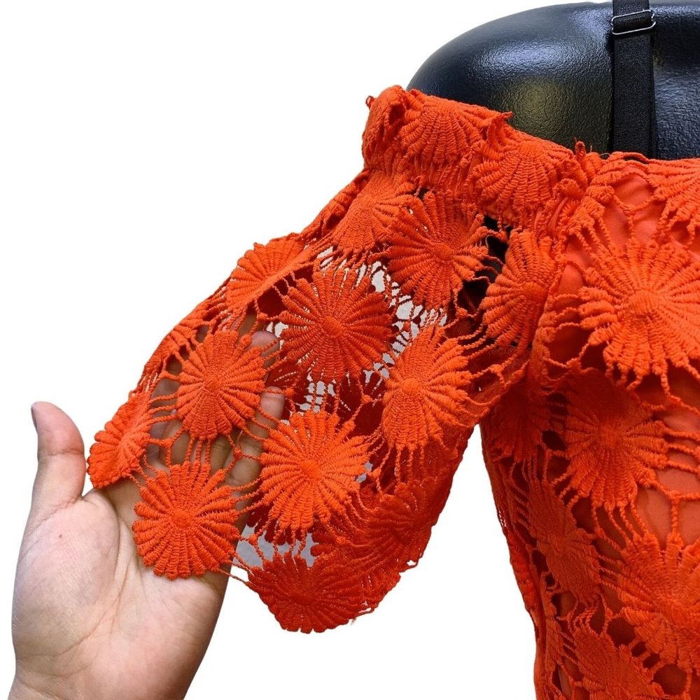 *Trina Turk Orange Dress Off the Shoulder Lace Overlay Small - Picture 3 of 5